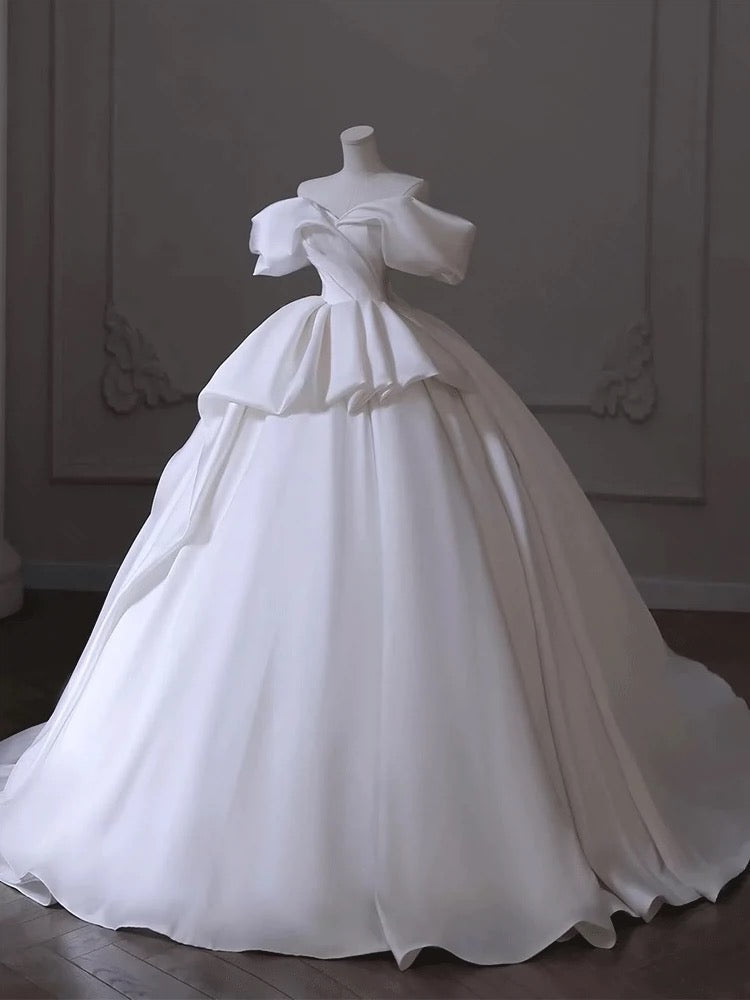 Timeless Ball Gown Off The Shoulder Satin Long White Wedding Dresses With Ruffles