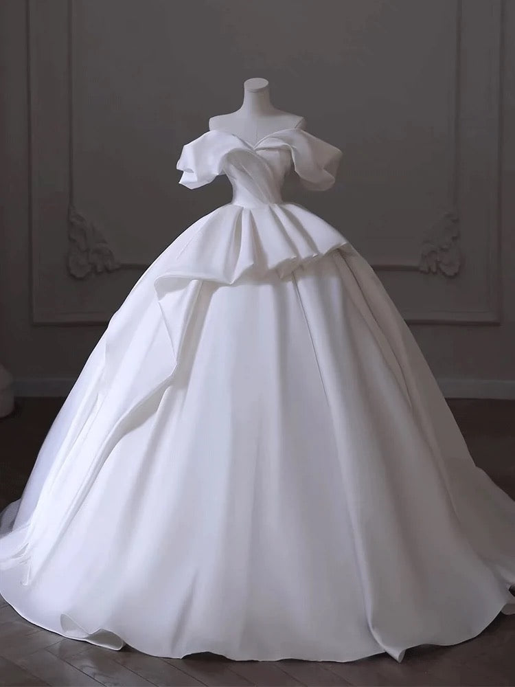 Timeless Ball Gown Off The Shoulder Satin Long White Wedding Dresses With Ruffles