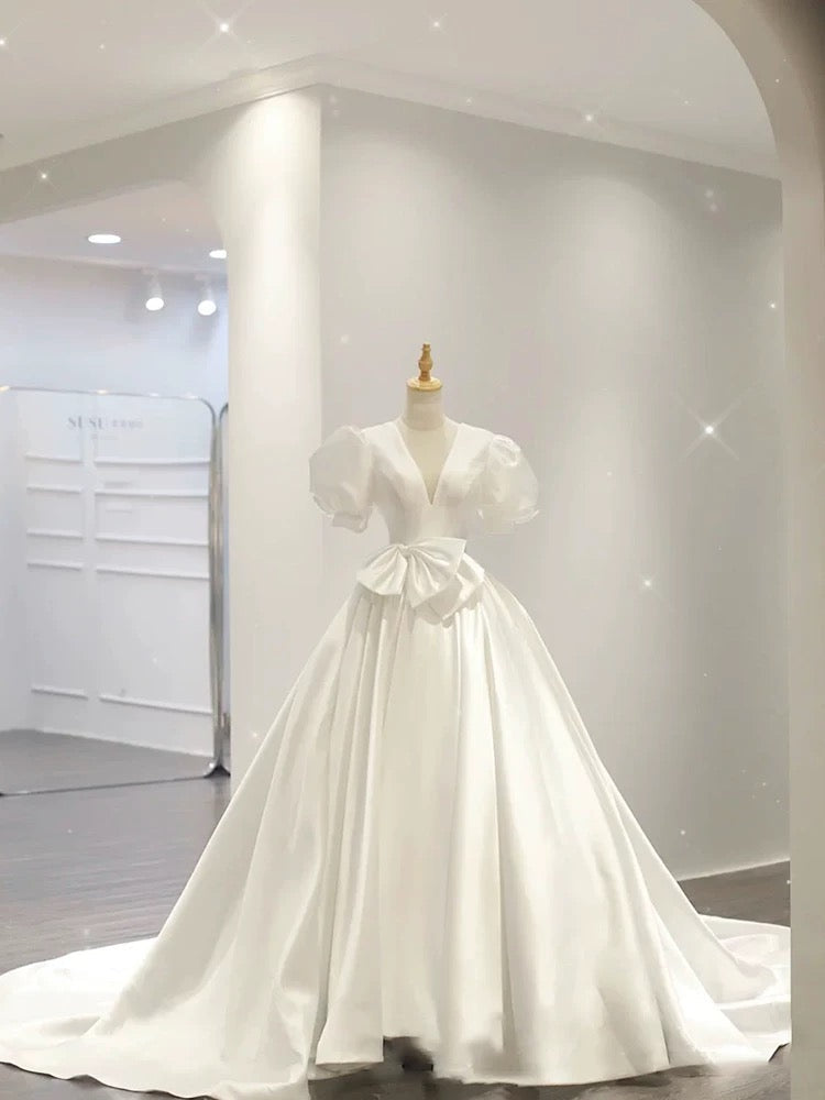 Simple Ball Gown V Neckline Short Sleeves White Satin Wedding Dresses With Bow