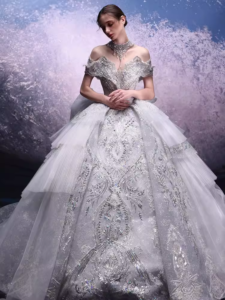 Luxury Ball Gown Off The Shoulder Neckline Short Sleeves Sequin Wedding Dress