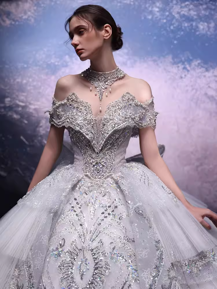 Luxury Ball Gown Off The Shoulder Neckline Short Sleeves Sequin Wedding Dress