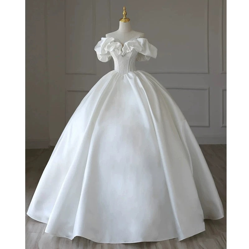 Simple Ball Gown Off The Shoulder Short Sleeves White Satin Wedding Dresses With Beads