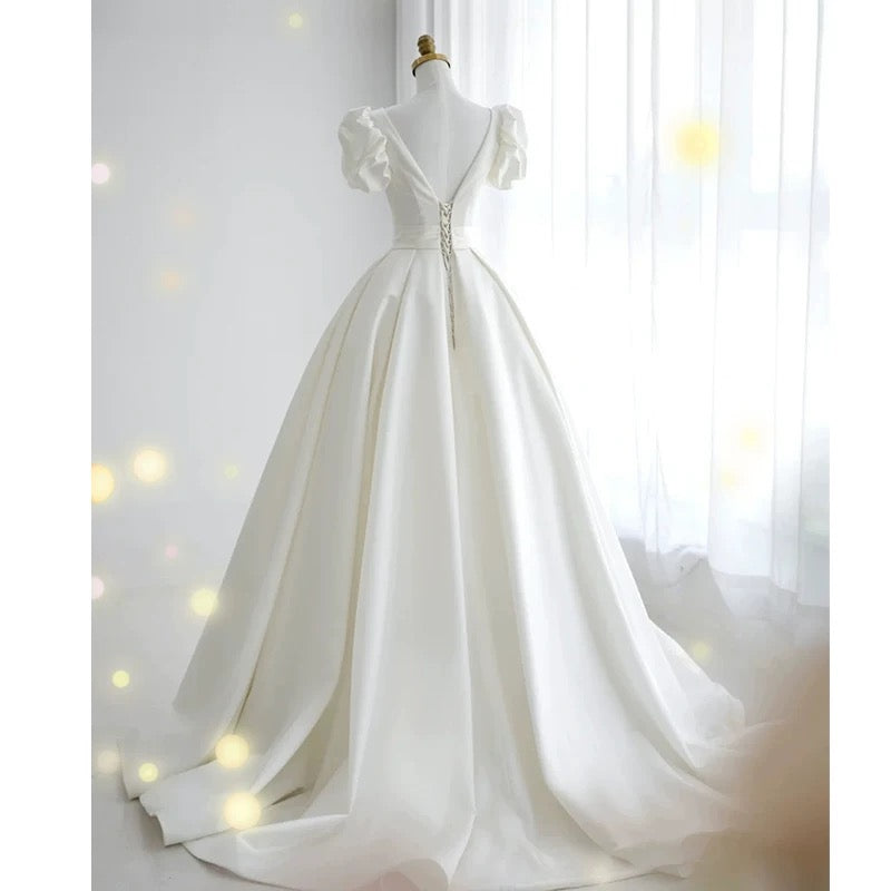 Simple Ball Gown V Neckline Short Sleeves White Satin Wedding Dresses