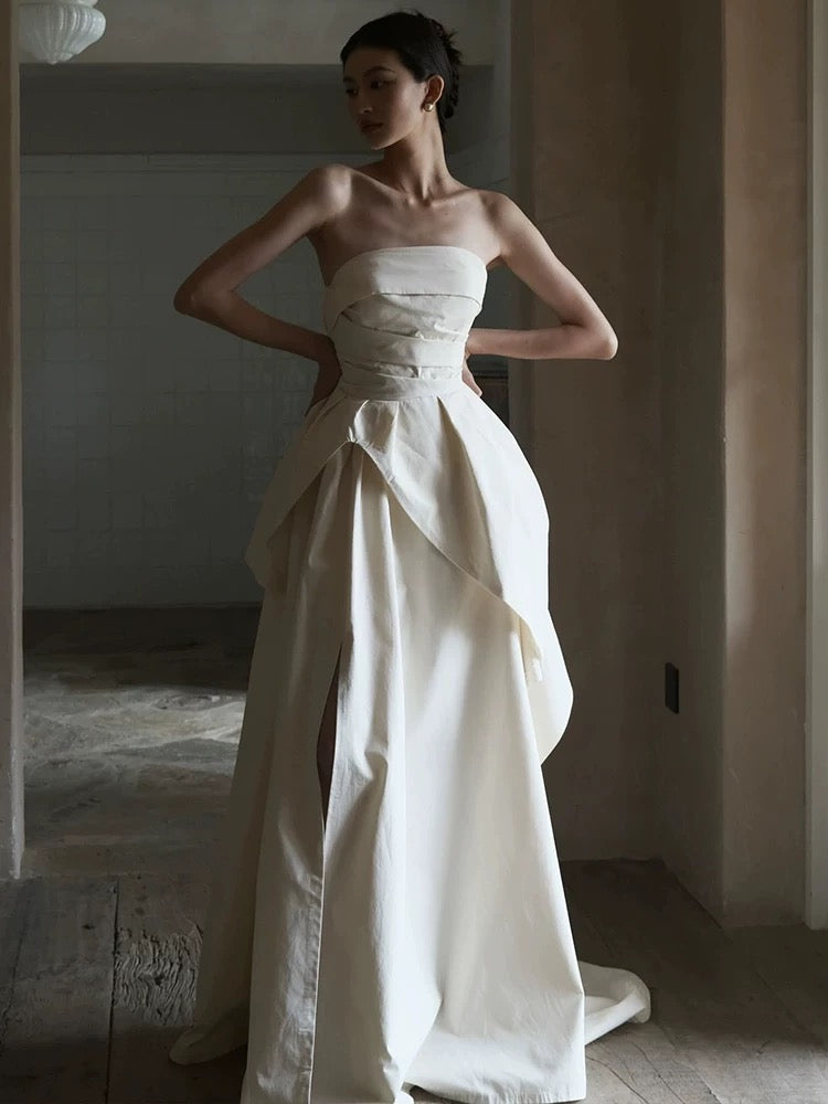 Chic A Line Strapless Sleeveless White Satin Slit Wedding Dresses