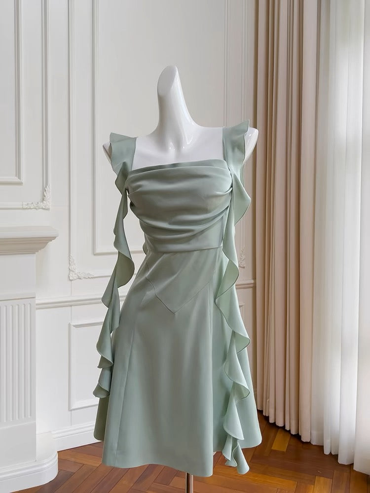 Cute A line Spaghetti Straps Sage Green Short Homecoming Dresses Party Cocktail Dress With Ruffles