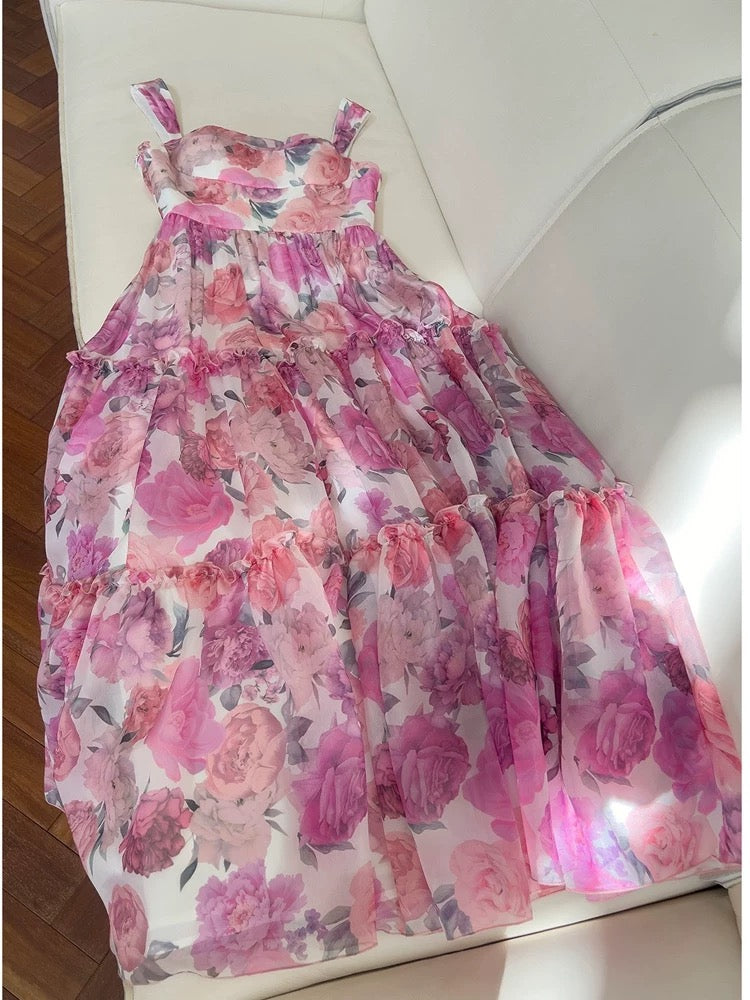 Sexy A Line Straps Long Floral Chiffon Prom Dress Party Dresses