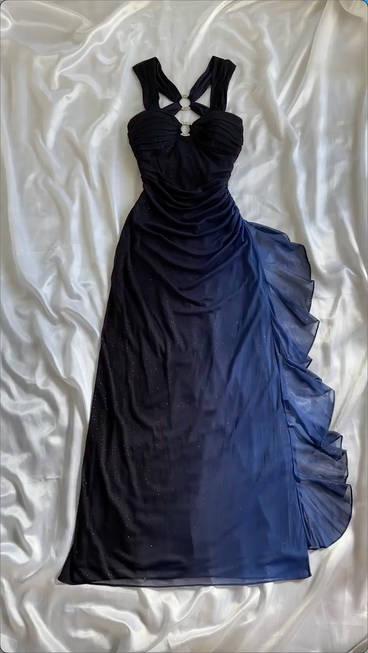 Navy Blue Sheath Long Prom Dress Chiffon Prom Dresses Evening Dress