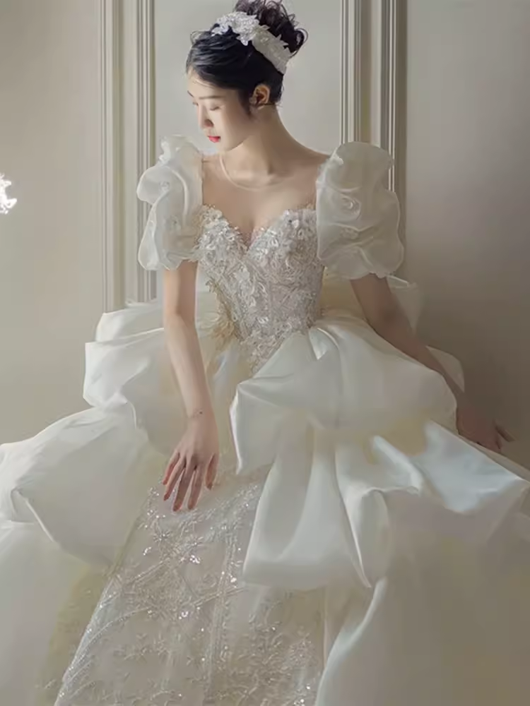 Luxury Ball Gown Short Sleeves Sequin Wedding Dress
