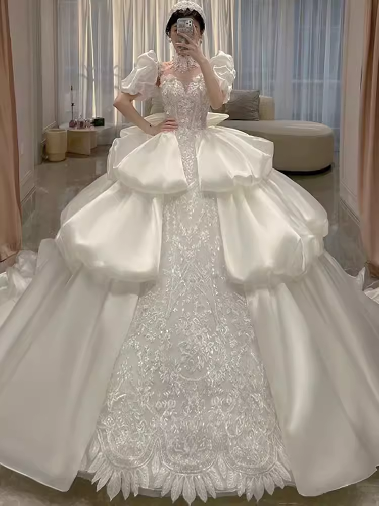 Luxury Ball Gown Short Sleeves Sequin Wedding Dress