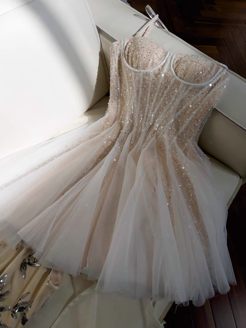 Cute A line Spaghetti Straps Champagne Short Sequin Homecoming Dresses Cocktail Dress