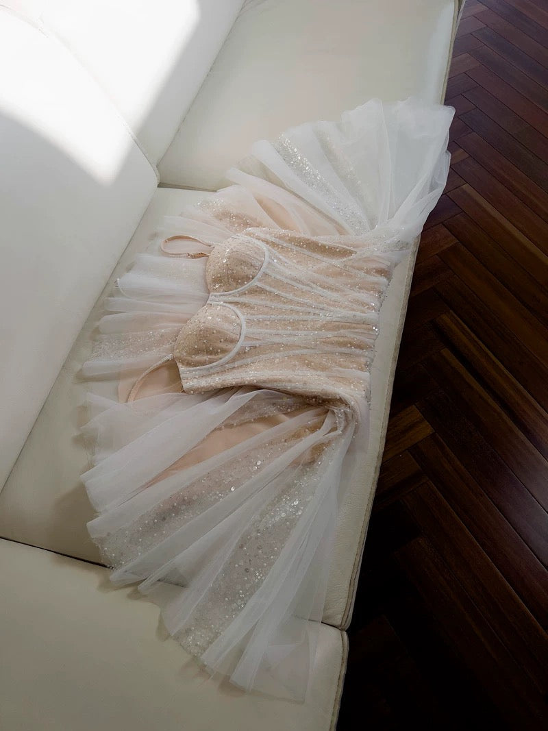 Cute A line Spaghetti Straps Champagne Short Sequin Homecoming Dresses Cocktail Dress