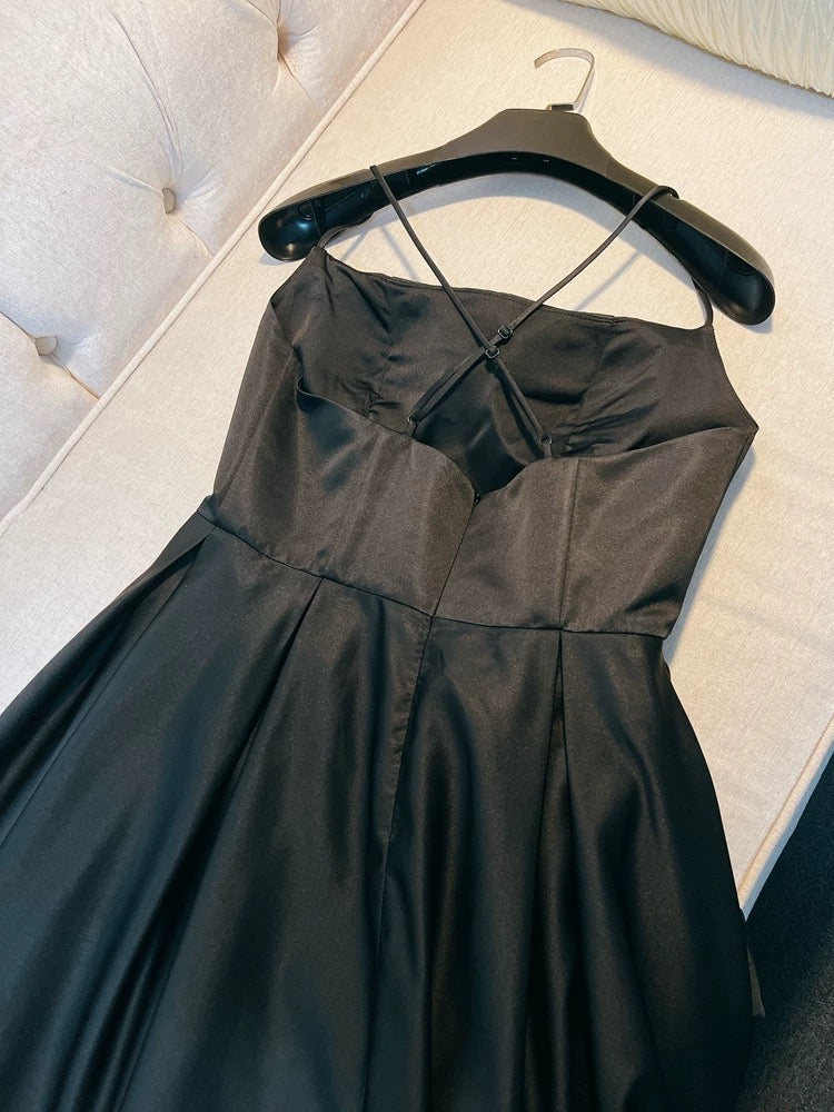 Simple A line Straps Black Satin Long Prom Dresses Simple Party Dress