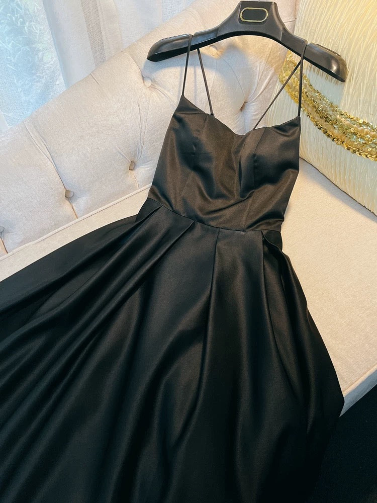 Simple A line Straps Black Satin Long Prom Dresses Simple Party Dress