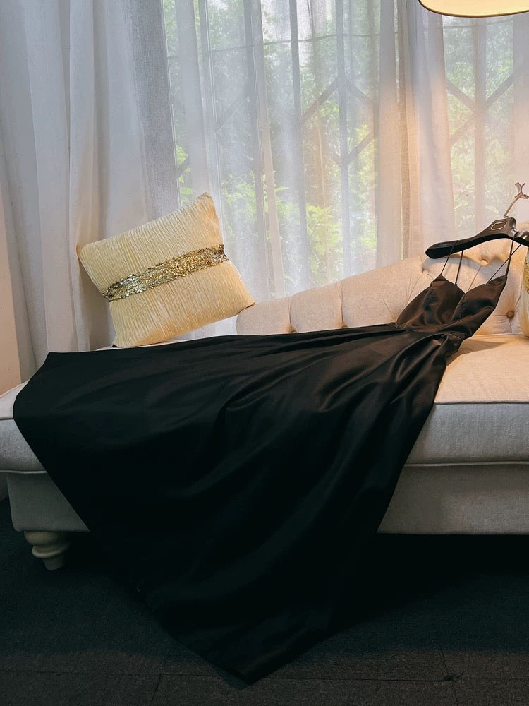 Simple A line Straps Black Satin Long Prom Dresses Simple Party Dress