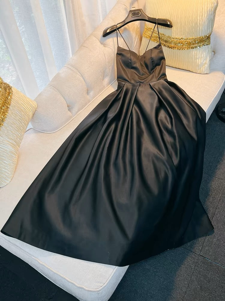 Simple A line Straps Black Satin Long Prom Dresses Simple Party Dress