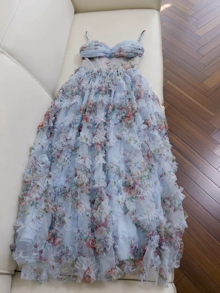Chic A line SPaghetti Straps Prom Dresses Floral Blue Tulle Evening Dress