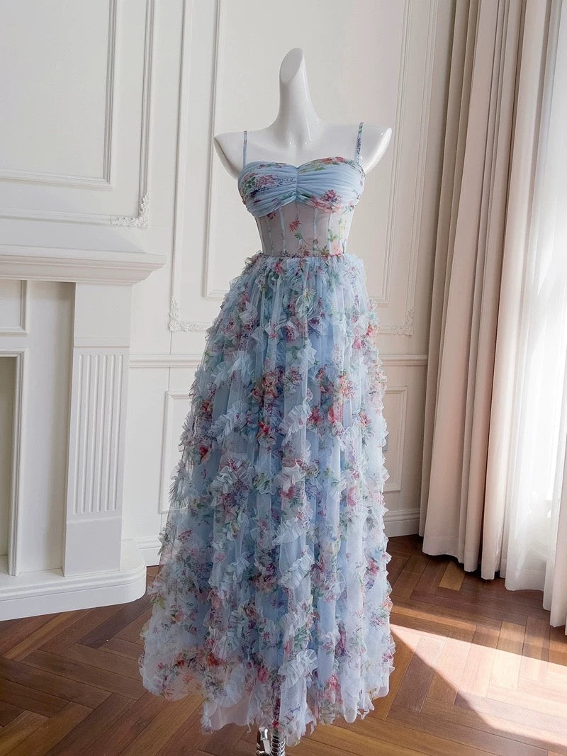 Chic A line SPaghetti Straps Prom Dresses Floral Blue Tulle Evening Dress