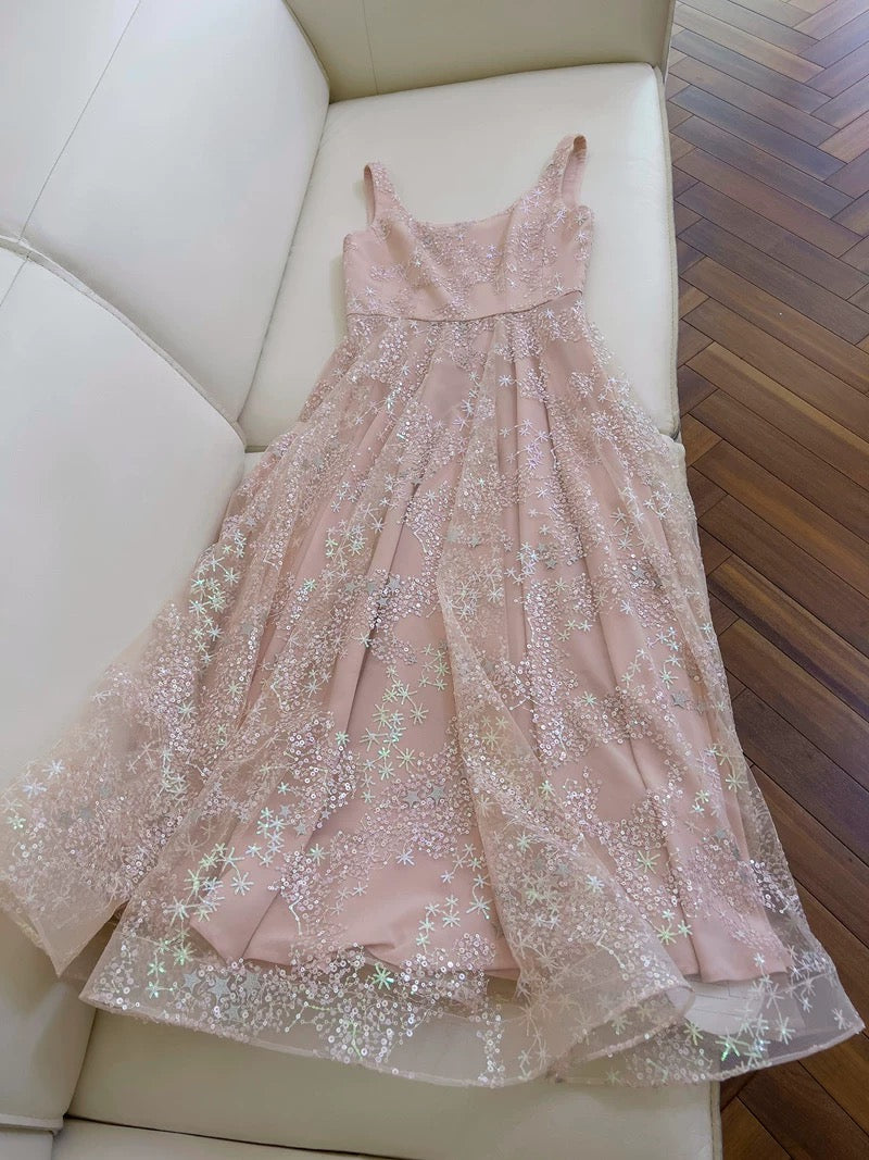 Chic A line Straps Pink Sequin Prom Dresses Sexy Evening Dress