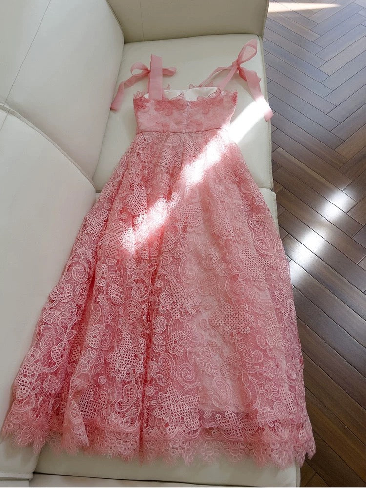 Elegant A line Straps Pink Lace Prom Dresses Sexy Evening Dress With Bows