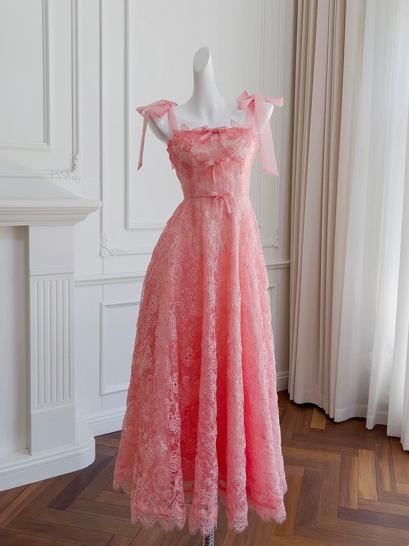 Elegant A line Straps Pink Lace Prom Dresses Sexy Evening Dress With Bows