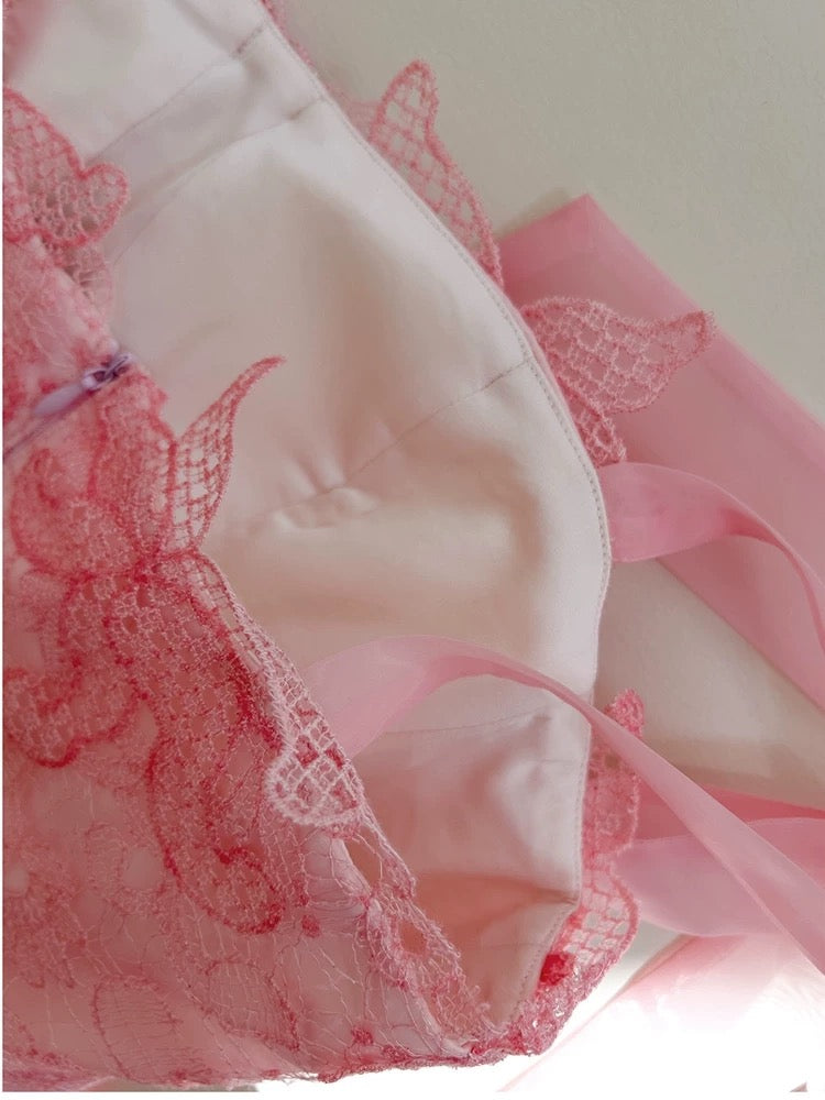 Elegant A line Straps Pink Lace Prom Dresses Sexy Evening Dress With Bows