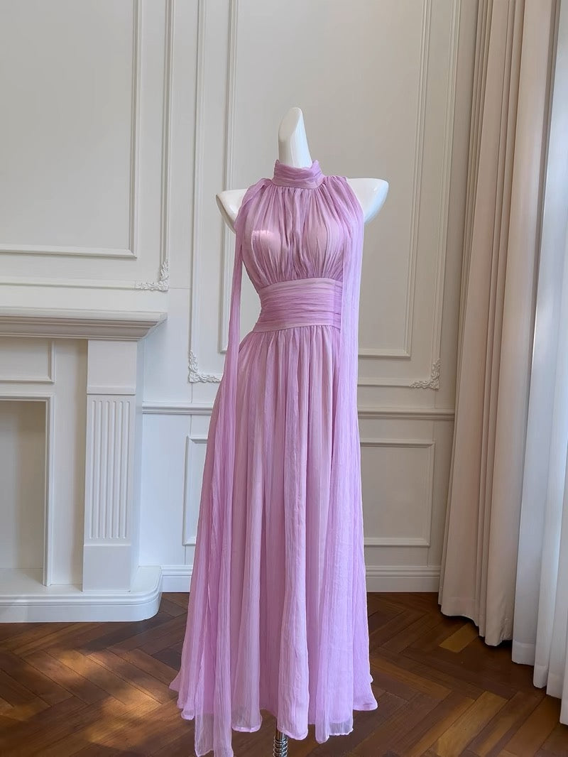 Elegant A line High Neckline Chiffon Lilac Prom Dresses Evening Dress With Ribbons