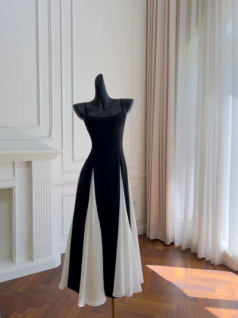 Elegant A line Spaghetti Straps Black Chiffon Prom Dresses Evening Dress