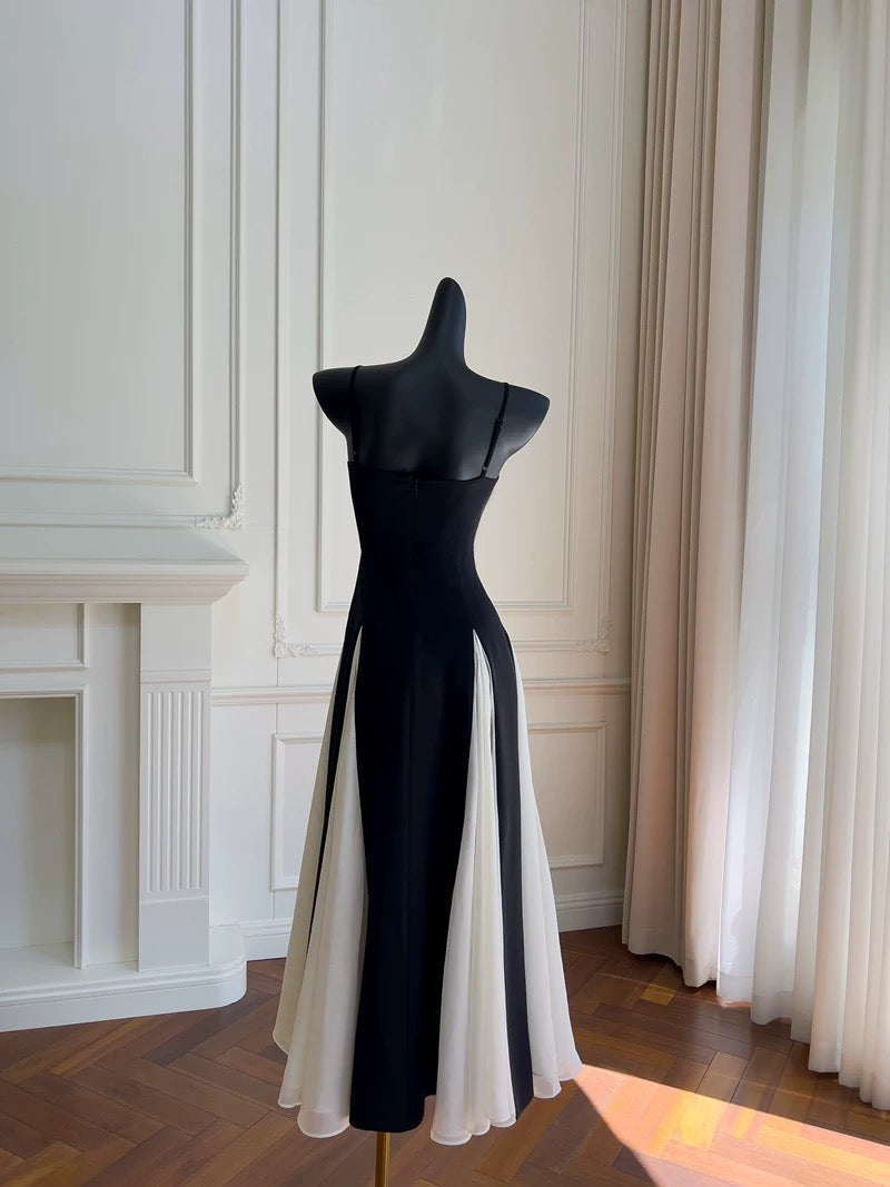 Elegant A line Spaghetti Straps Black Chiffon Prom Dresses Evening Dress