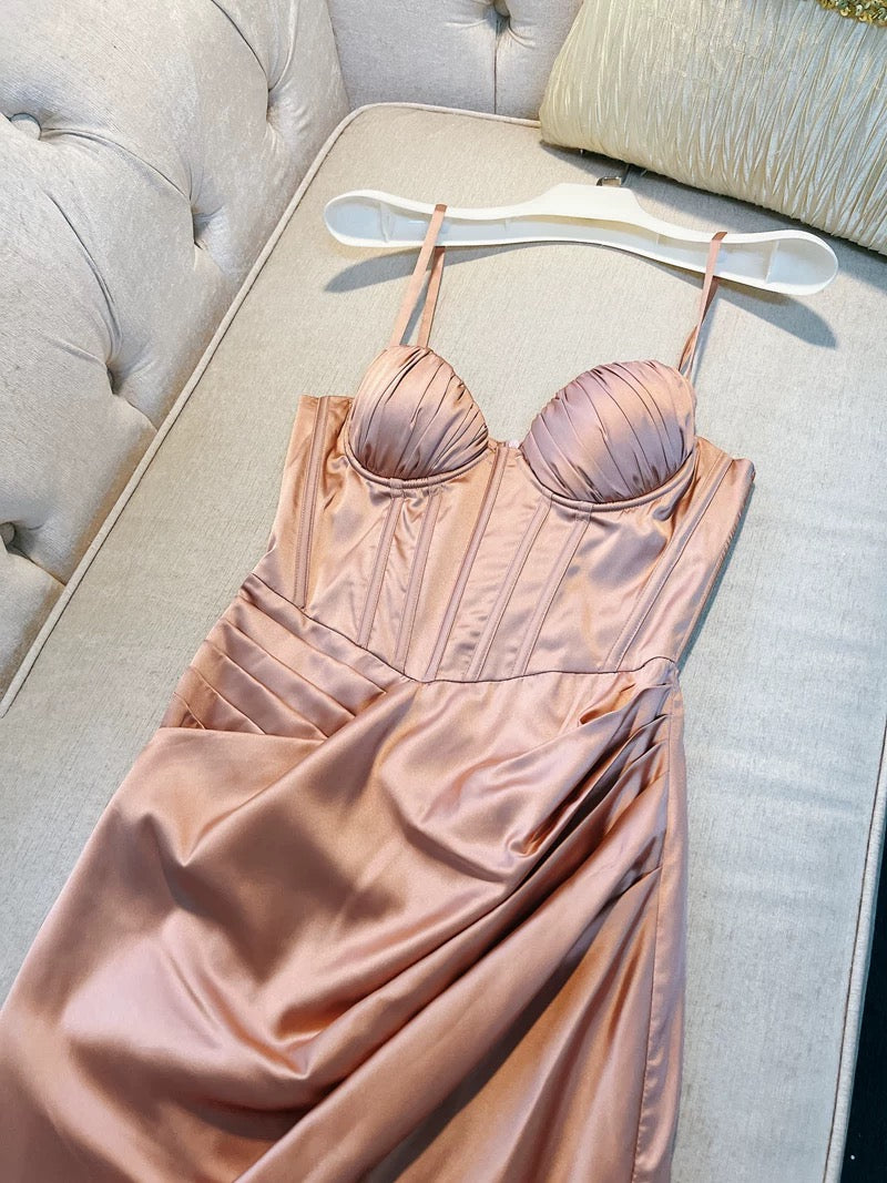 Simple A Line Spaghetti Straps Satin Slit Blush Pink Prom Dress