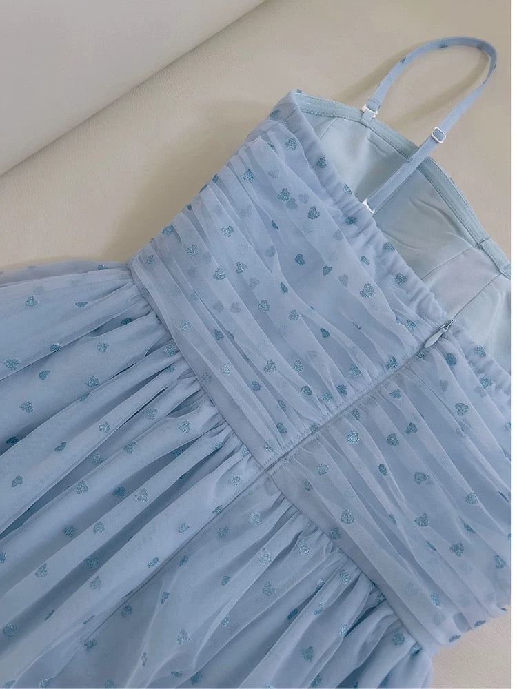 Simple A Line Spaghetti Straps Tulle Blue Prom Dress Evening Dresses