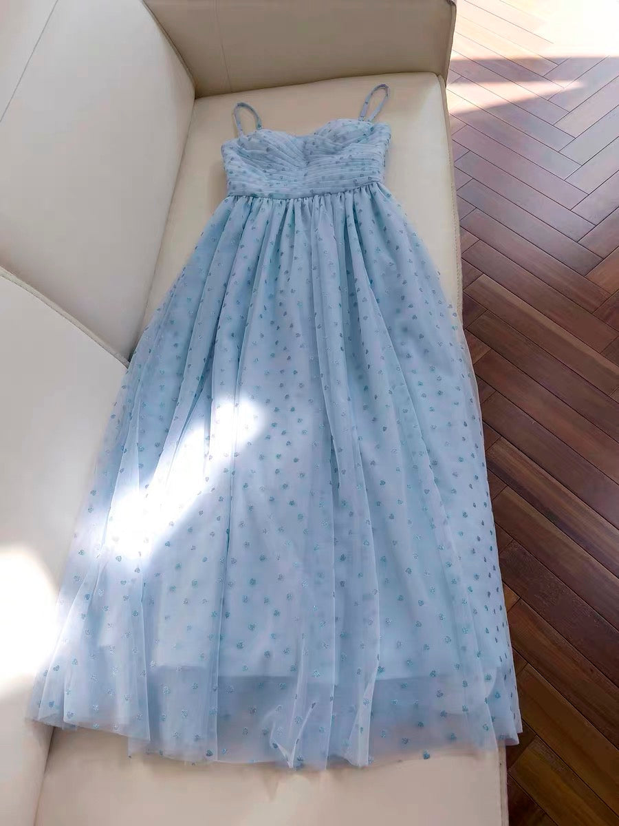 Simple A Line Spaghetti Straps Tulle Blue Prom Dress Evening Dresses
