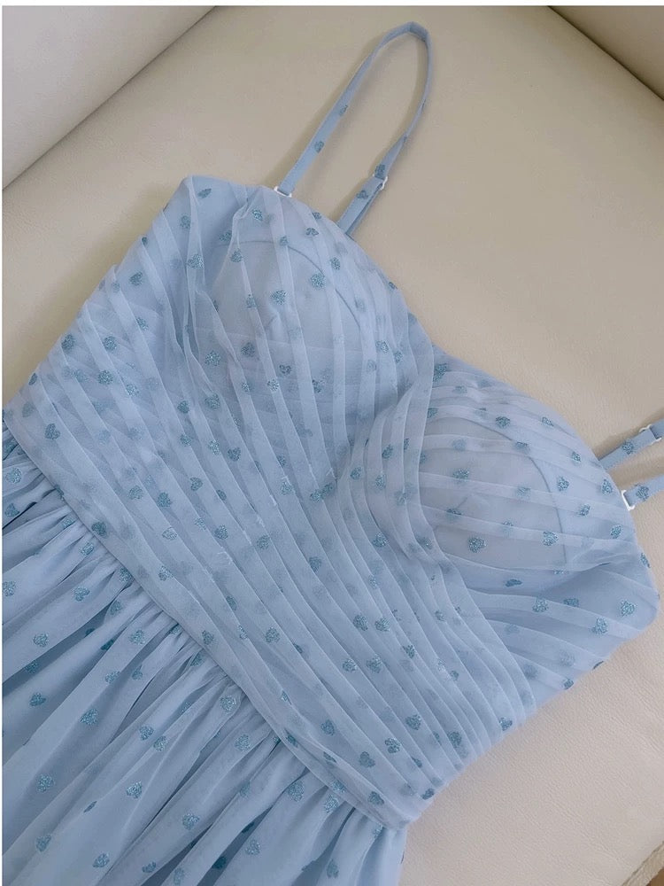 Simple A Line Spaghetti Straps Tulle Blue Prom Dress Evening Dresses