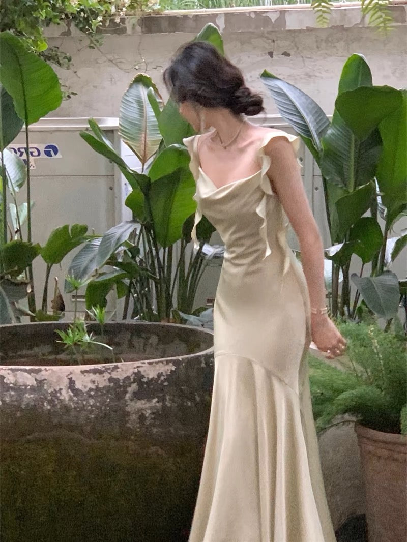 Simple Sheath Straps Sleeveless Silk Satin Sage Green Prom Dress Evening Dresses
