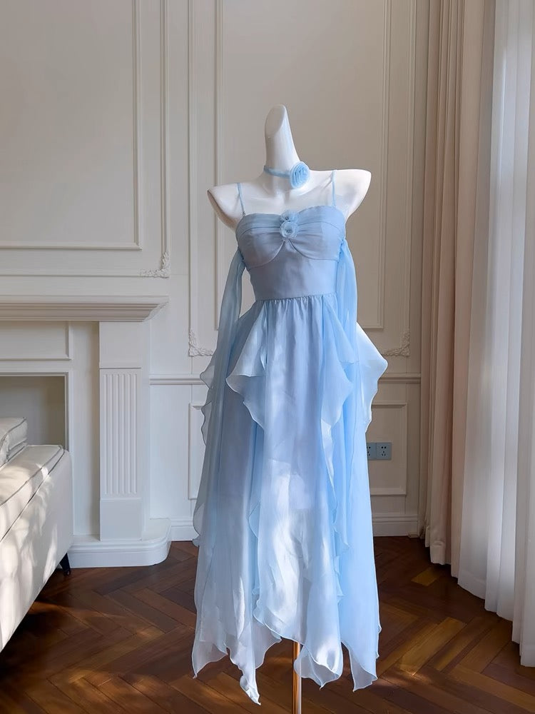 Simple A line Spaghetti Straps Chiffon Blue Homecoming Dress Birthday Dresses