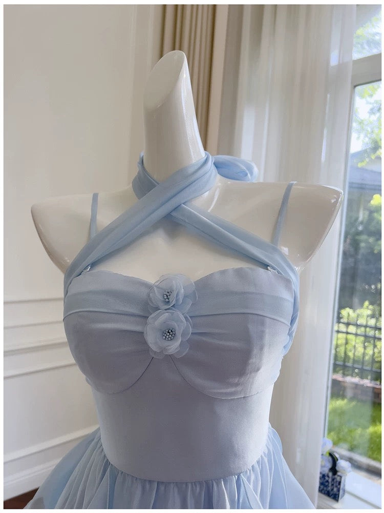 Simple A line Spaghetti Straps Chiffon Blue Homecoming Dress Birthday Dresses