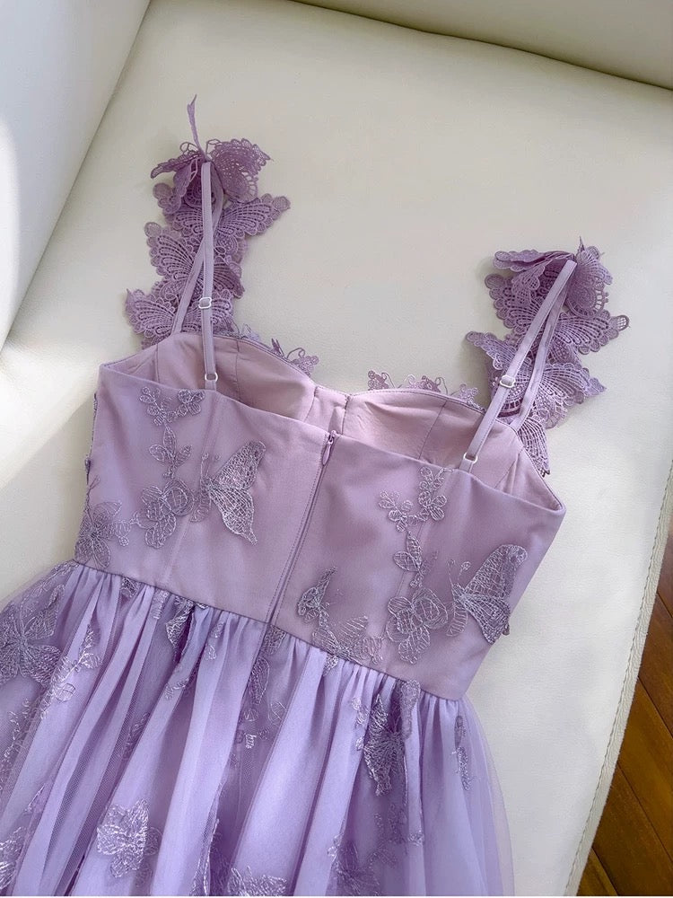 Elegant A Line Straps Sleeveless Lilac Lace Prom Dress Evening Dresses