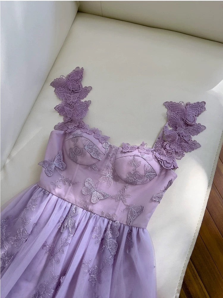 Elegant A Line Straps Sleeveless Lilac Lace Prom Dress Evening Dresses