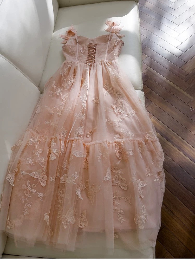 Elegant A Line Straps Sleeveless Blush Pink Lace Prom Dress Evening Dresses