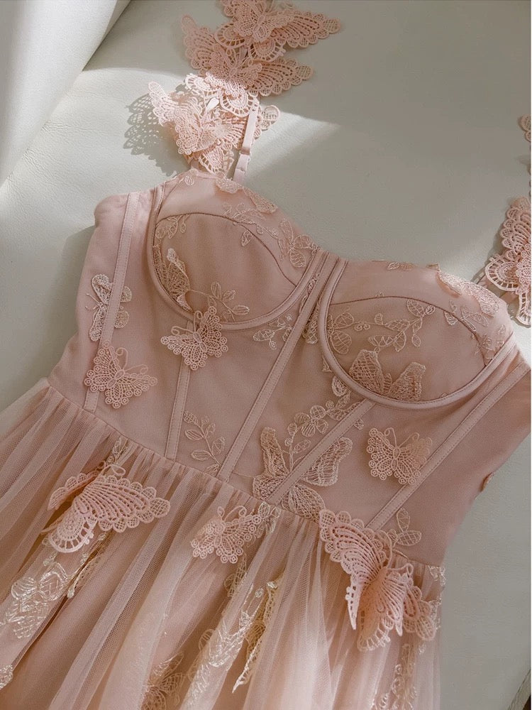 Elegant A Line Straps Sleeveless Blush Pink Lace Prom Dress Evening Dresses