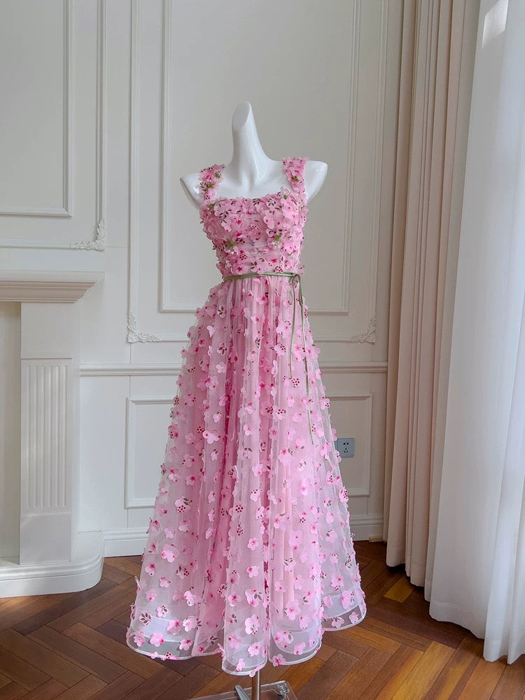 Modest A line Straps Sleeveless Pink Tulle Flowers Prom Dress Evening Dresses