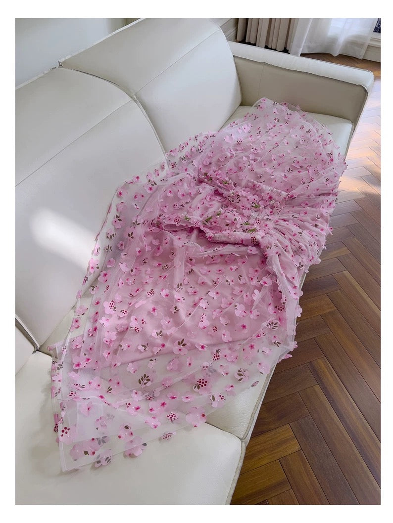 Modest A line Straps Sleeveless Pink Tulle Flowers Prom Dress Evening Dresses