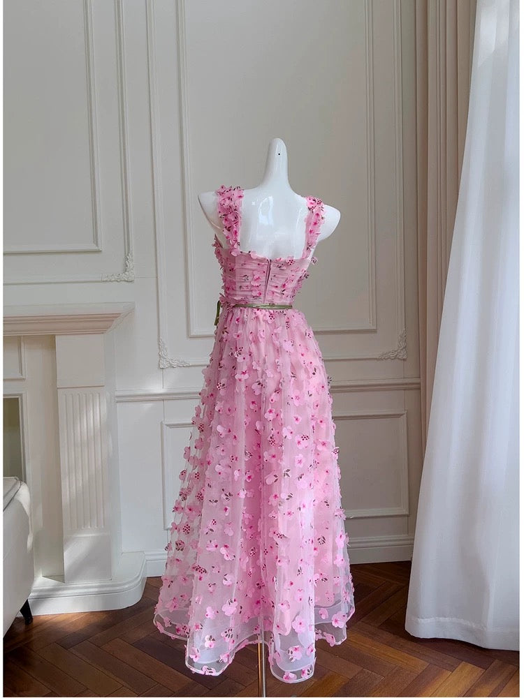 Modest A line Straps Sleeveless Pink Tulle Flowers Prom Dress Evening Dresses