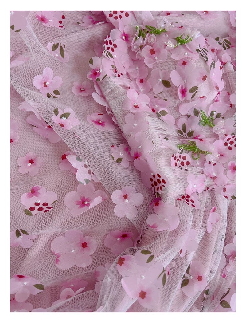 Modest A line Straps Sleeveless Pink Tulle Flowers Prom Dress Evening Dresses