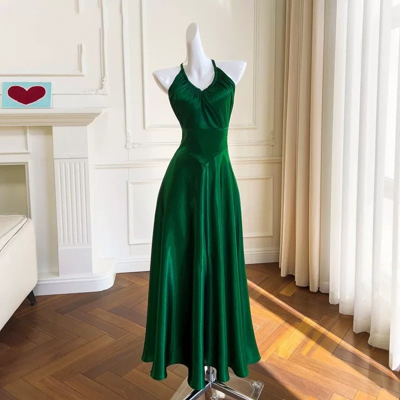 Sexy A Line Halter Sleeveless Green Satin Prom Dresses
