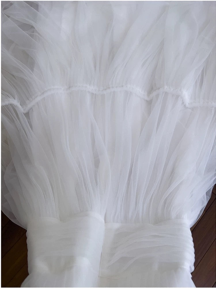Sexy A Line Spaghetti Straps Sleeveless Tulle White Prom Dresses