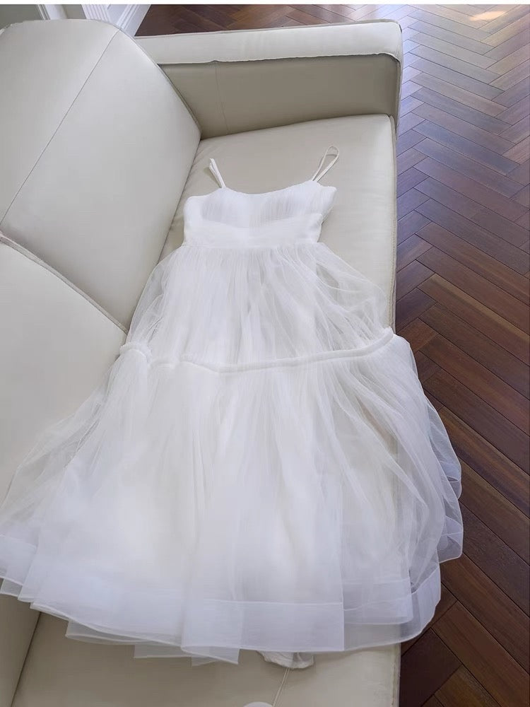 Sexy A Line Spaghetti Straps Sleeveless Tulle White Prom Dresses