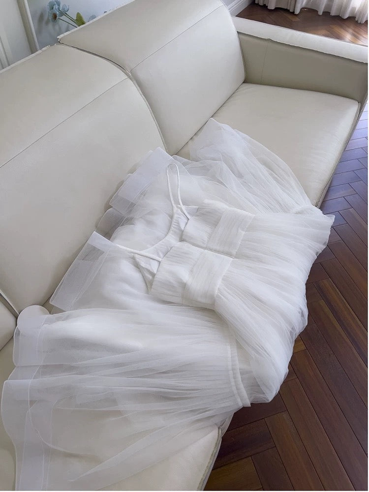 Sexy A Line Spaghetti Straps Sleeveless Tulle White Prom Dresses