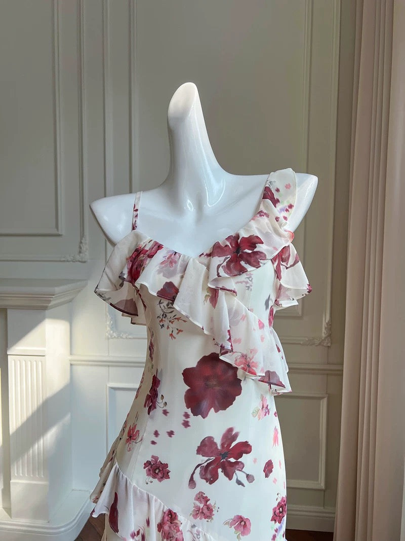 Sexy Sheath Spaghetti Straps Sleeveless Floral Prom Dresses