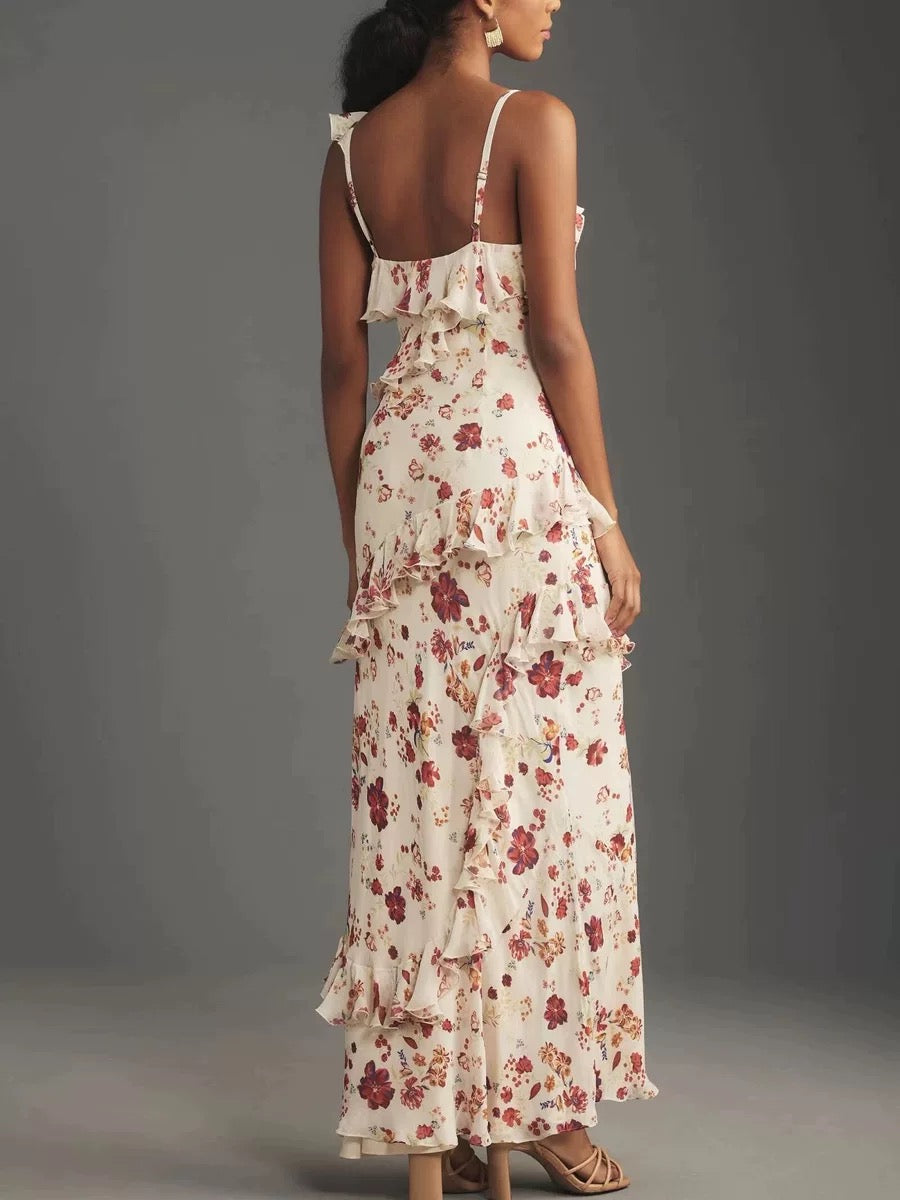 Sexy Sheath Spaghetti Straps Sleeveless Floral Prom Dresses