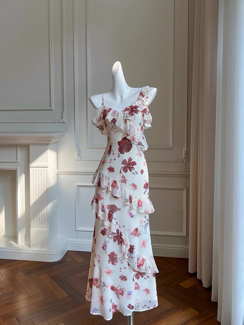 Sexy Sheath Spaghetti Straps Sleeveless Floral Prom Dresses